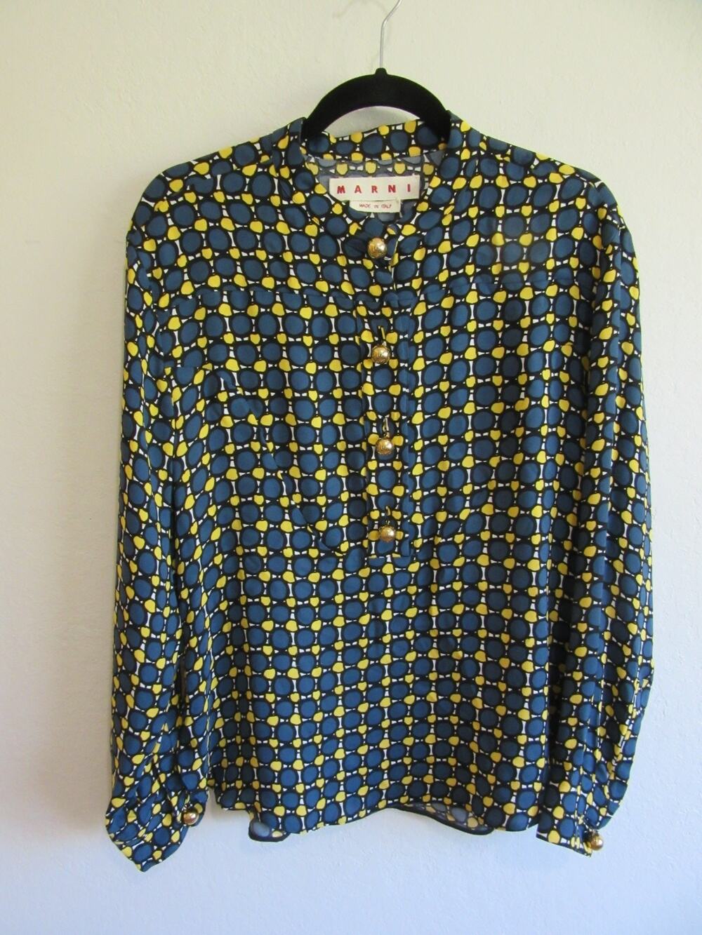 MARNI Blue & Yellow M Pebble Geometric Playful Gold Ball Buttons Relaxed Blouse